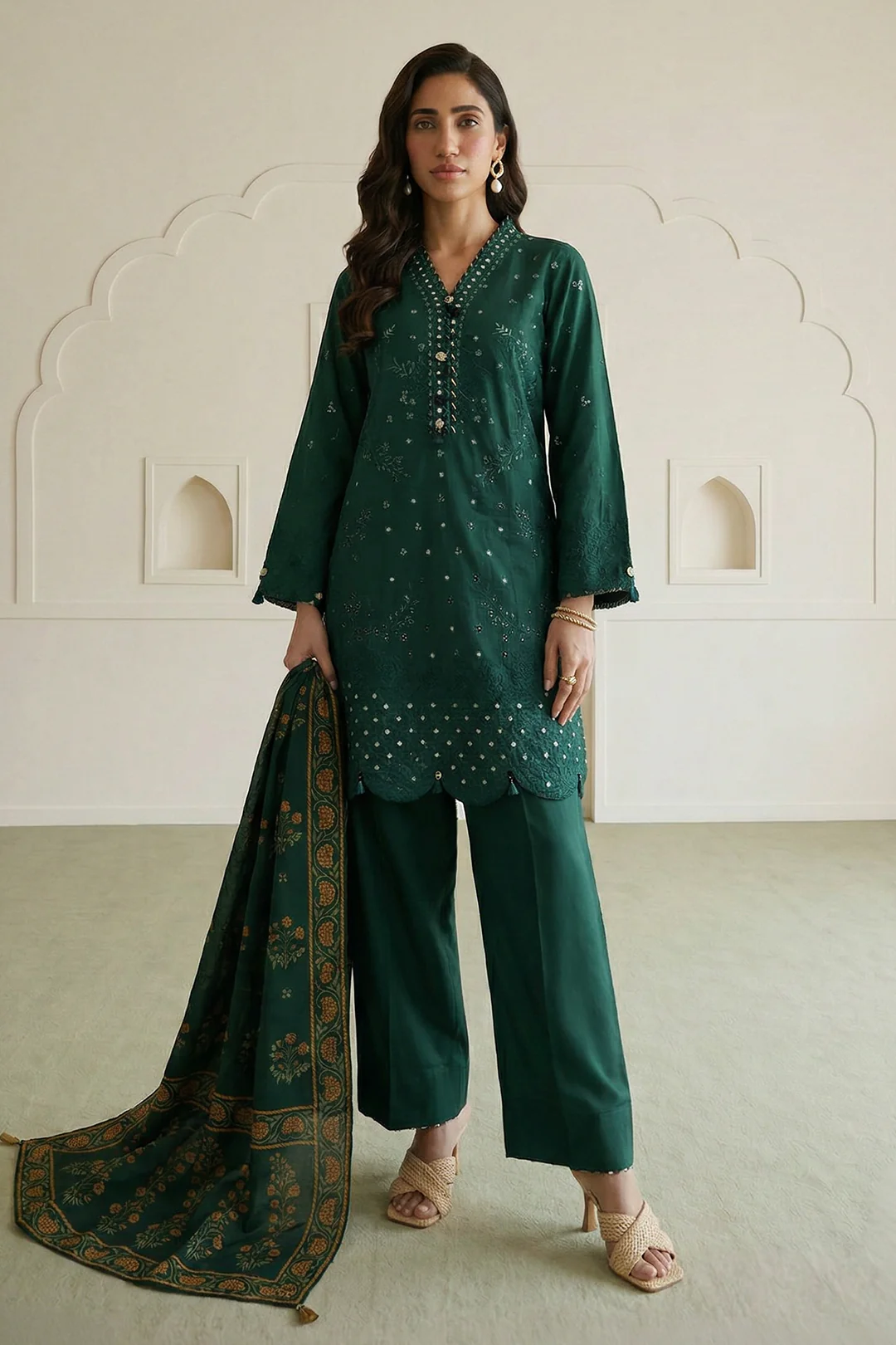 Embroidered Shirt Shalwar Dupatta - 0910 - Image 3